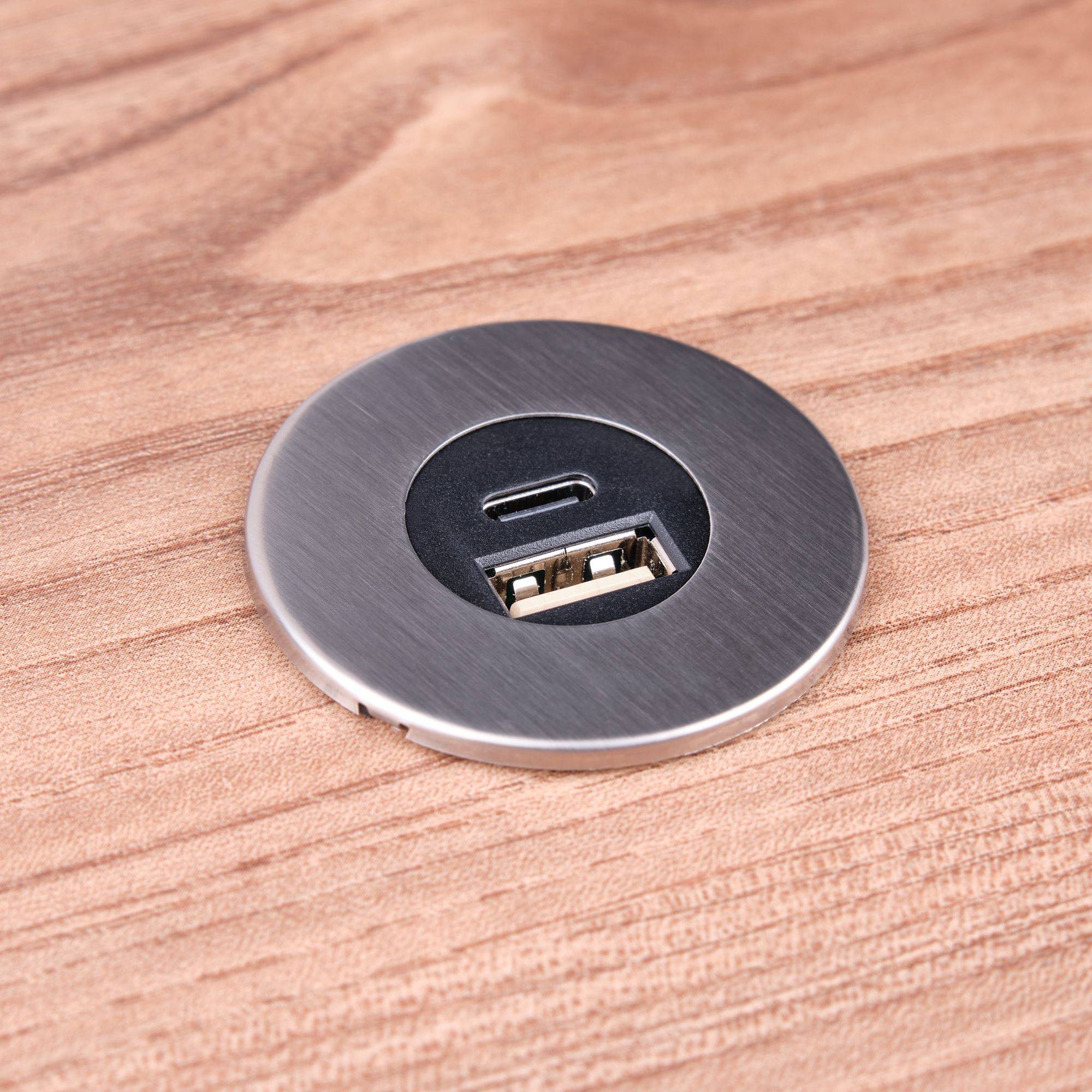 Einbau USB-Hub 2 in 1 Edelstahl gebürstet USB und USB-C, Edelstahl, Steckdose für Smartphone, Tablet, E-Reader Möbeleinbau 12V Edelstahl gebürstet