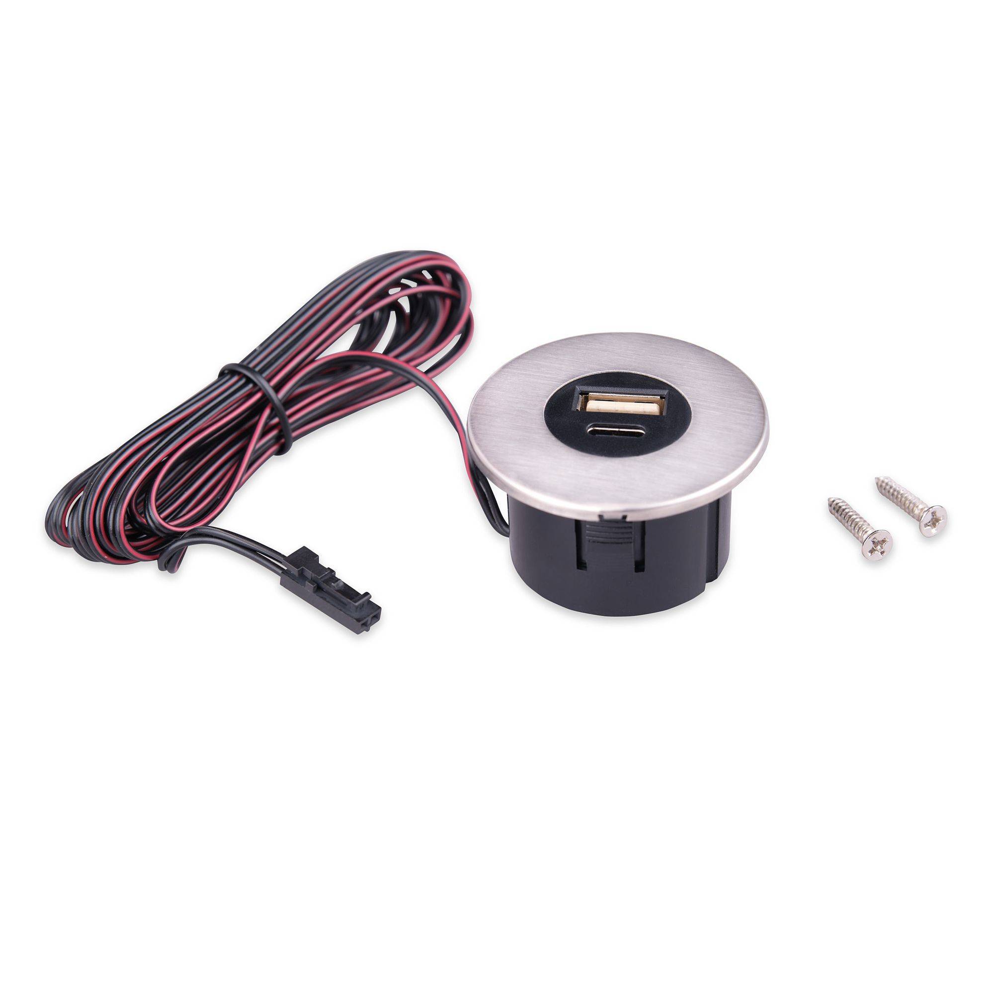Einbau USB-Hub 2 in 1 Edelstahl gebürstet USB und USB-C, Edelstahl, Steckdose für Smartphone, Tablet, E-Reader Möbeleinbau 12V Edelstahl gebürstet