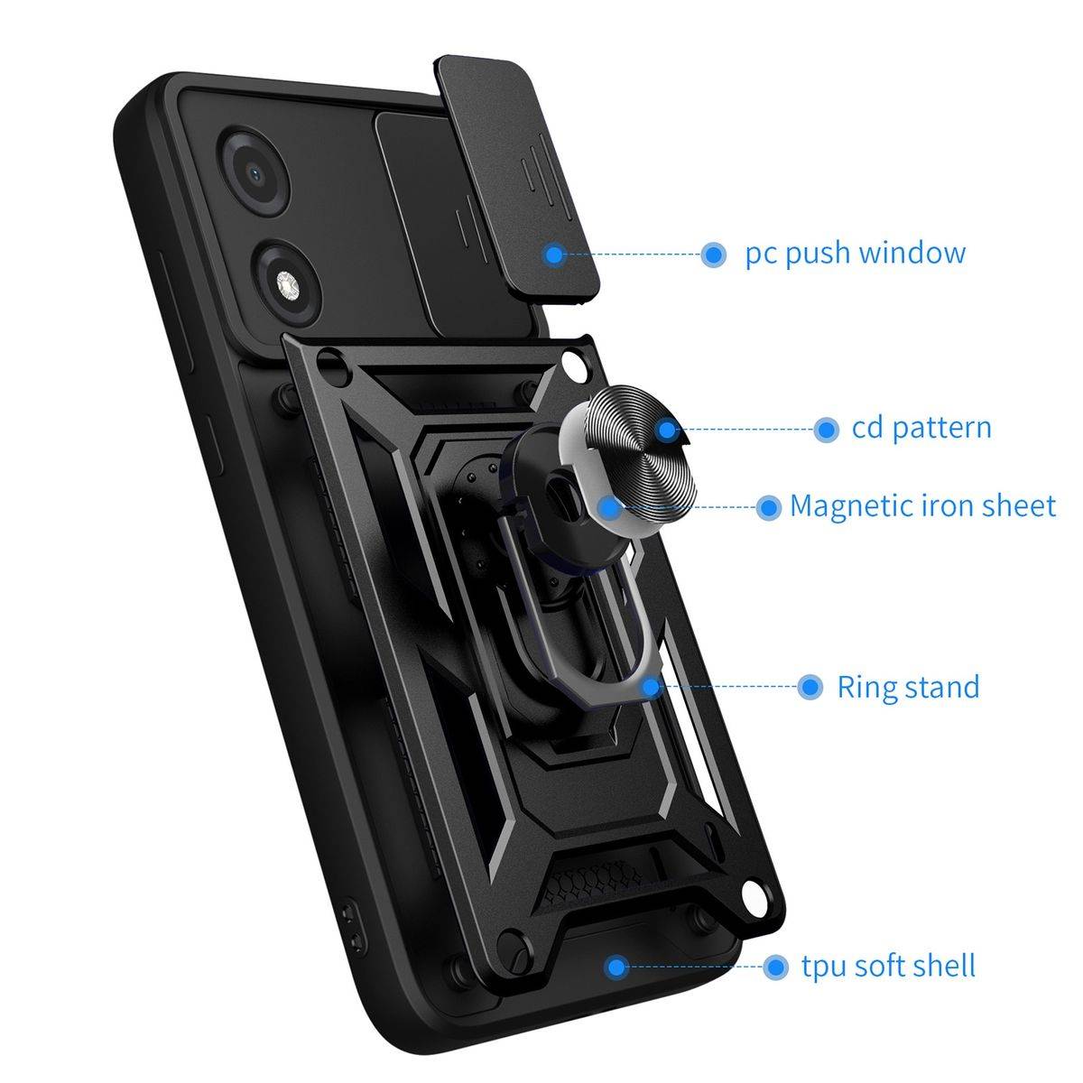 Für Motorola Moto E13 4G TPU PC Ring Magnet Handy Tasche Hülle Schwarz