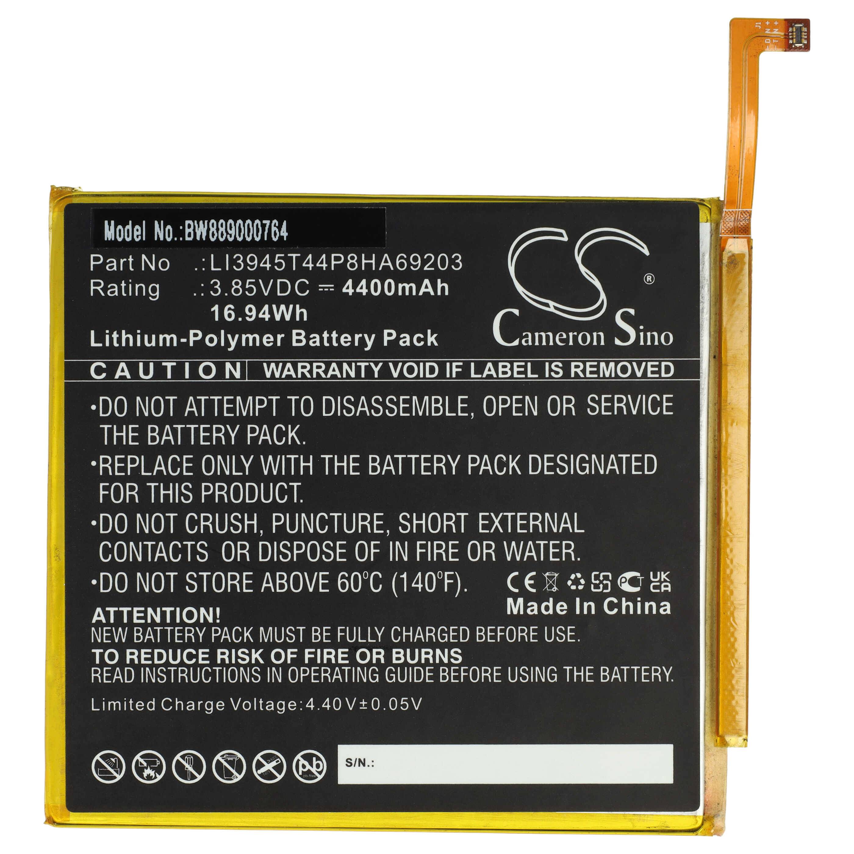 Lithium-Polymer-Akkupack-Etikett mit Modell BW88900764. Wichtige Details: 3,85V, 4400mAh, 16,94Wh. Sicherheitswarnungen und Gebrauchsanweisungen enthalten.