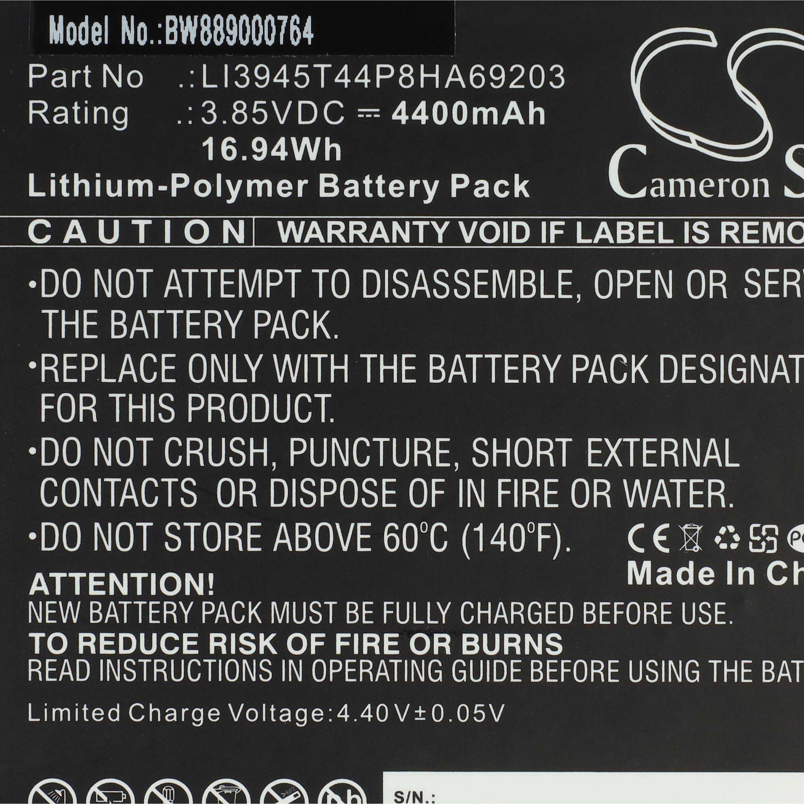 vhbw Akku Ersatz für ZTE LI3945T44P8HA69203 für Tablet Pad (4400 mAh, 3,85 V, Li-Polymer)