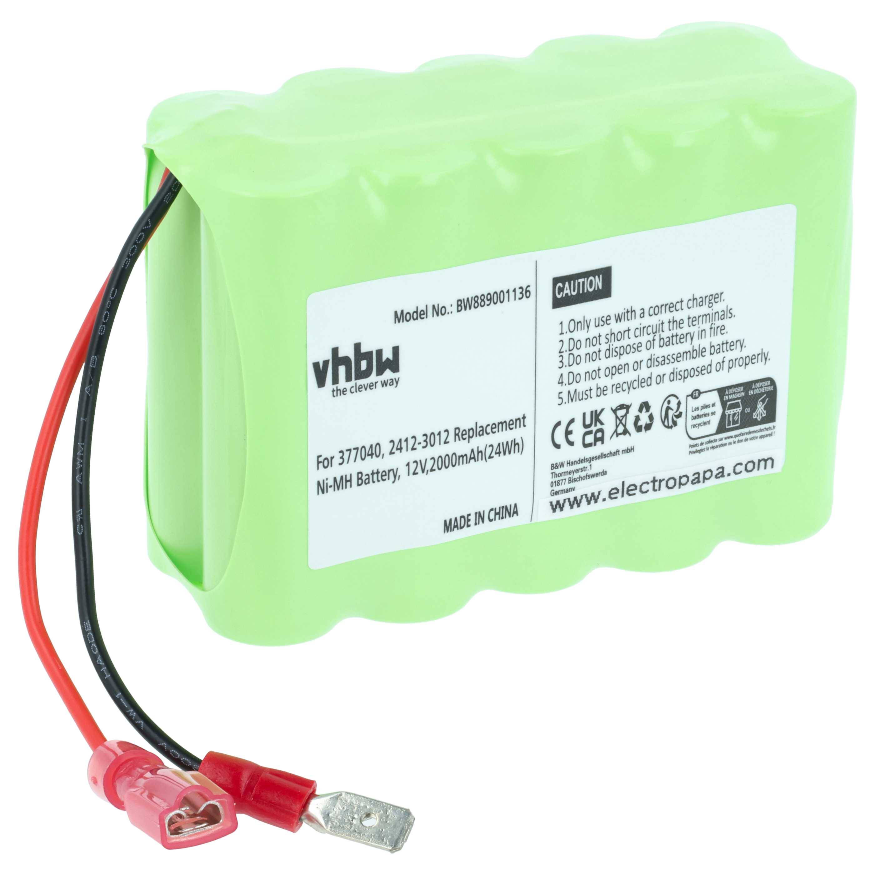 Ein grünes 12V Ni-MH Akkupack mit schwarzen und roten Kabeln. Etikett zeigt Anweisungen: 