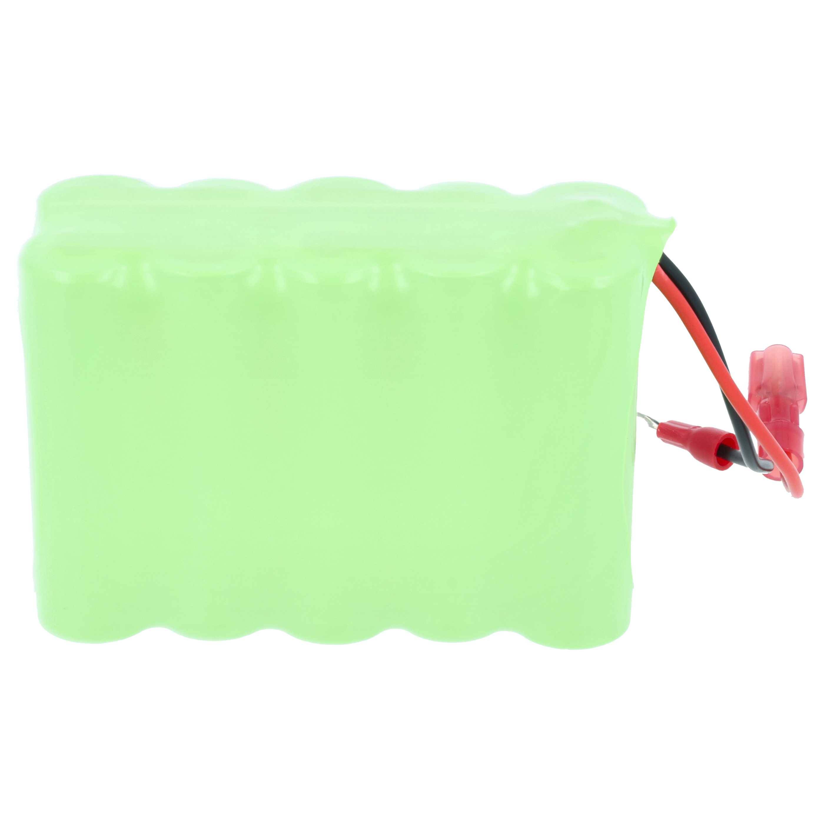 Grüner rechteckiger Akkupack mit roten und schwarzen Kabeln und angeschlossenen Steckern, verwendet zum Stromversorgen elektronischer Geräte.