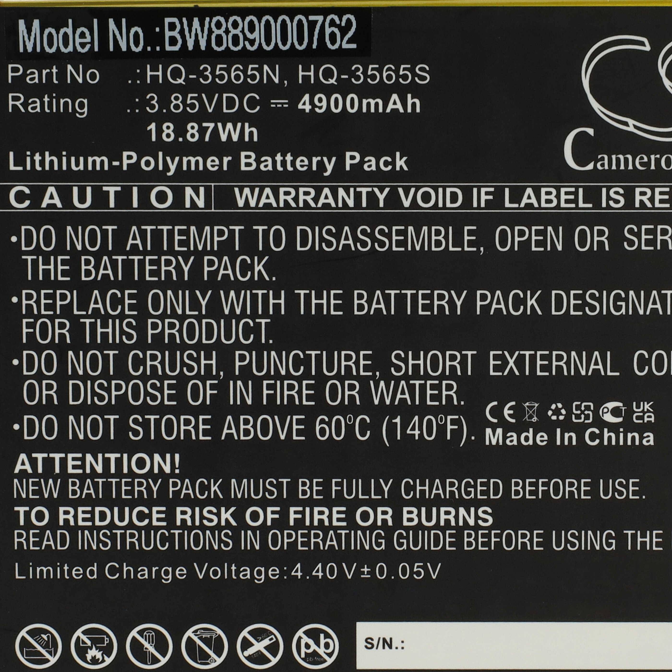 Lithium-Polymer-Akkupack-Etikett mit Spezifikationen: 3,8V, 18,87Wh. Enthält Vorsichtswarnungen bezüglich Demontage und Laden.