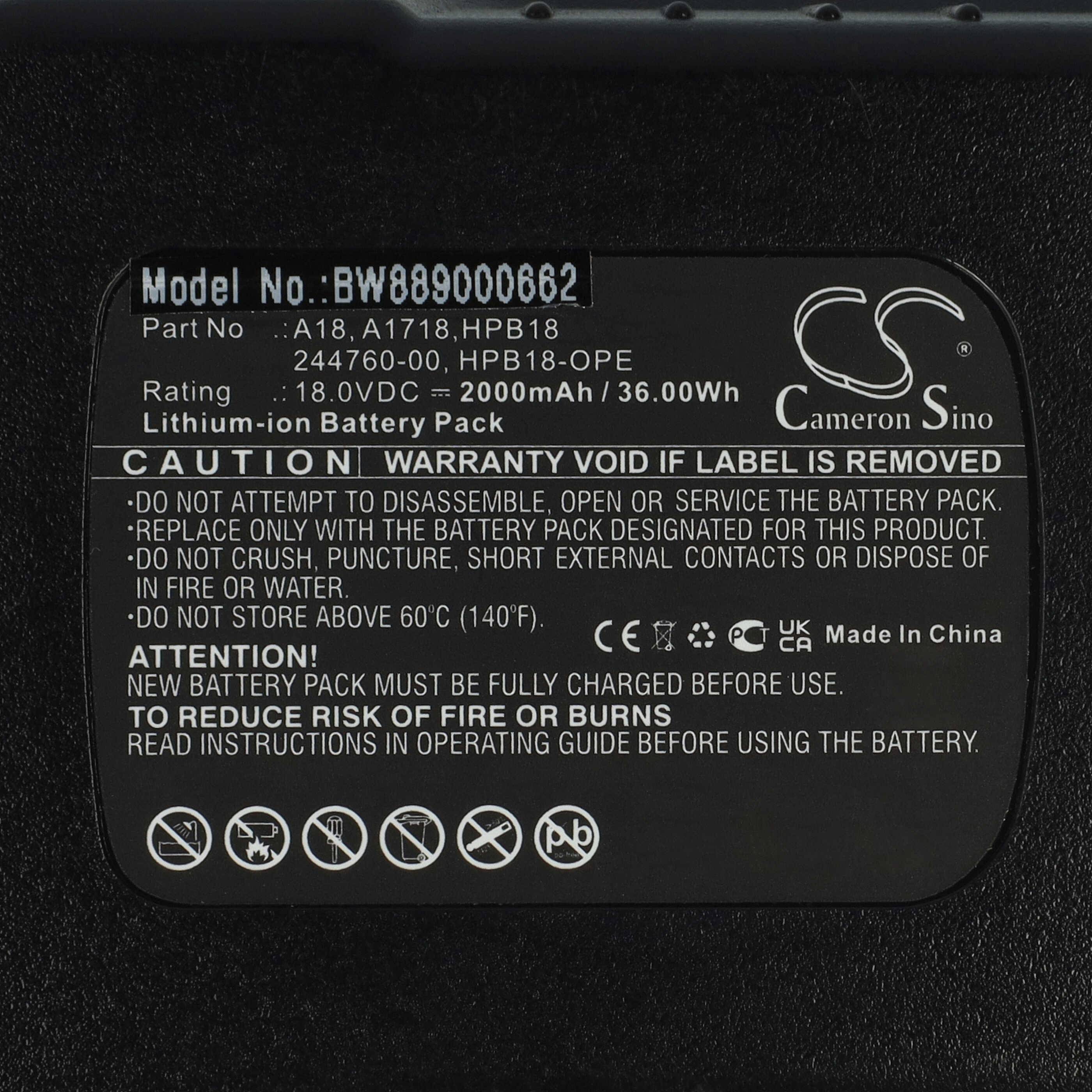 vhbw Akku kompatibel mit Black & Decker CDC180ASB, CDC18GK2, EPC18, EPC182K2, EPC186, EPC186BK Elektrowerkzeug (2000 mAh, Li-Ion, 18 V)