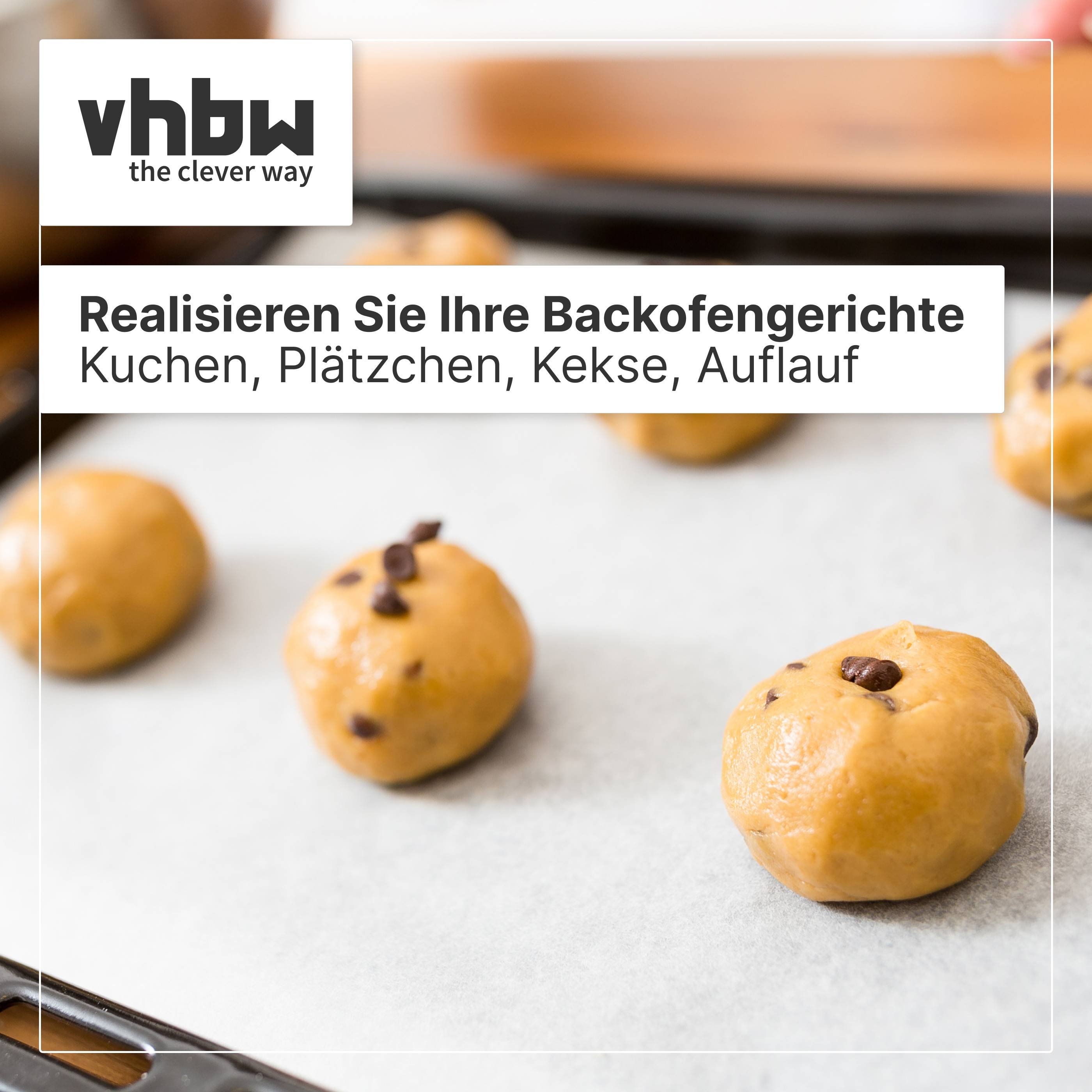 Tablett mit ungebackenen Teigkugeln auf einem ausgelegten Backblech, überlagert mit vhbw-Logo und deutscher Text: „Realisieren Sie Ihre Backofengerichte