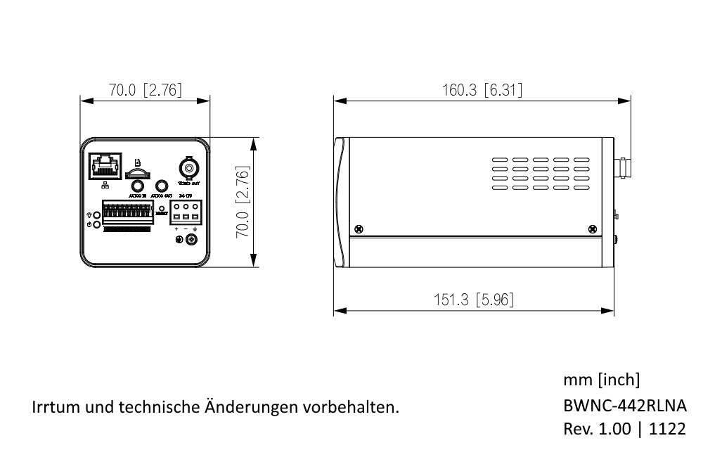 Technische Zeichnung eines elektronischen Geräts mit angegebenen Abmessungen: 160,3 mm (6,31 Zoll) breit, 70,0 mm (2,76 Zoll) hoch. Rückseite mit angezeigten Anschlüssen.
