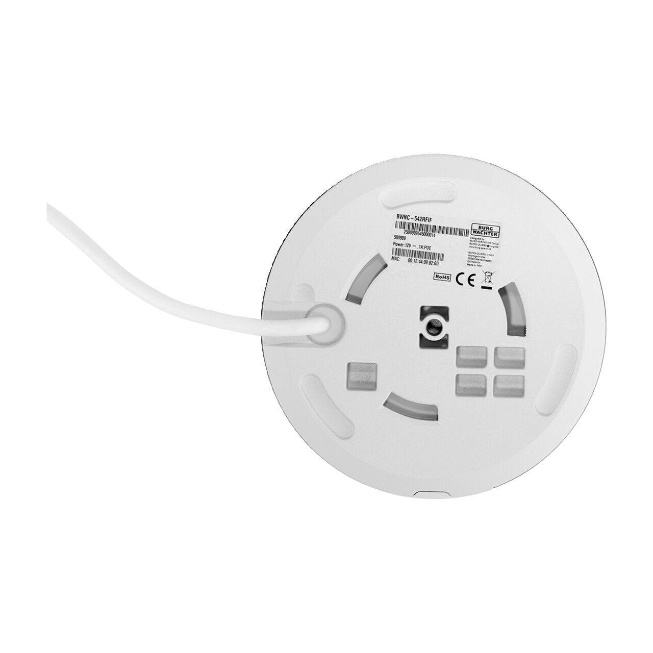 Rückansicht eines runden weißen Deckenlichts oder einer Rauchwarnmeldergrundplatte mit einem von links eintretendem Kabel und sichtbaren Befestigungsschlitzen.