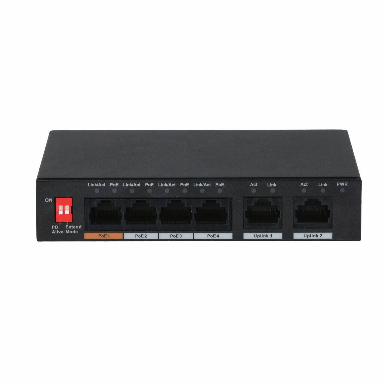 Schwarzer Ethernet-PoE-Schalter mit vier PoE-Anschlüssen, zwei Uplink-Anschlüssen, Statusleuchten und roten Modusschaltern auf der linken Seite