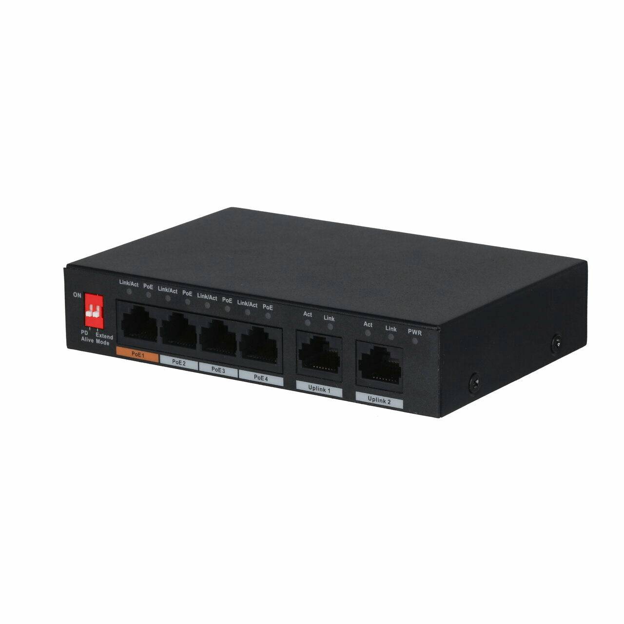 Schwarzer Netzwerk-Switch mit acht Ethernet-Anschlüssen und zwei Uplink-Ports auf der Frontplatte.