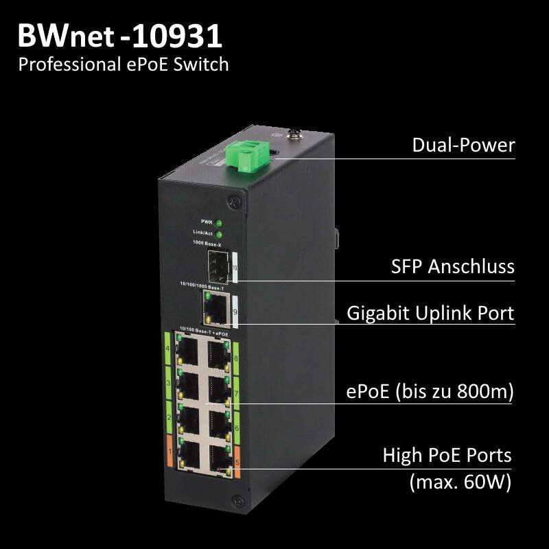 BWNET-10931 BURG GARD, Dieser Switch bietet Ihnen 8x 10Base-T/100Base-TX/1000Base-TX PoE Ports und 2x 10Base-T/100Base-