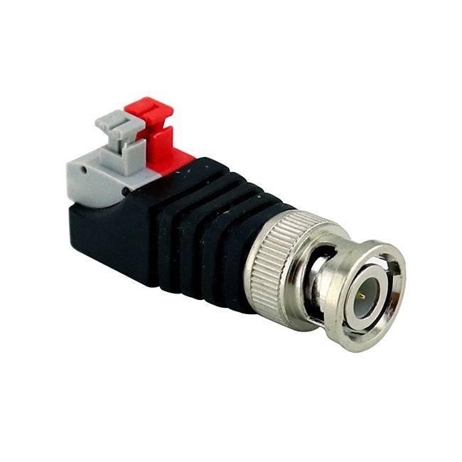 Nahaufnahme eines weiblichen BNC-Koaxialadapters mit schwarzem geripptem Gehäuse und rotem grauem Verriegelungsclip auf weißem Hintergrund.