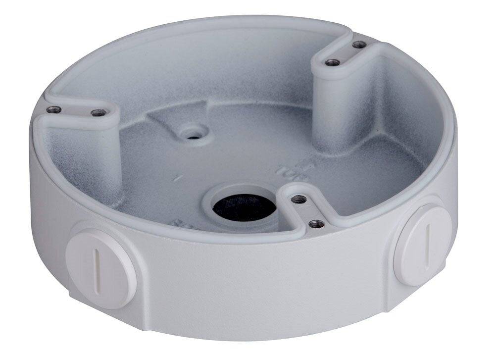 Graue kreisförmige elektrische Verteilerdose mit Montagepfosten, seitlichen Kabelabzweigungen und zentraler Verdrahtungsöffnung.
