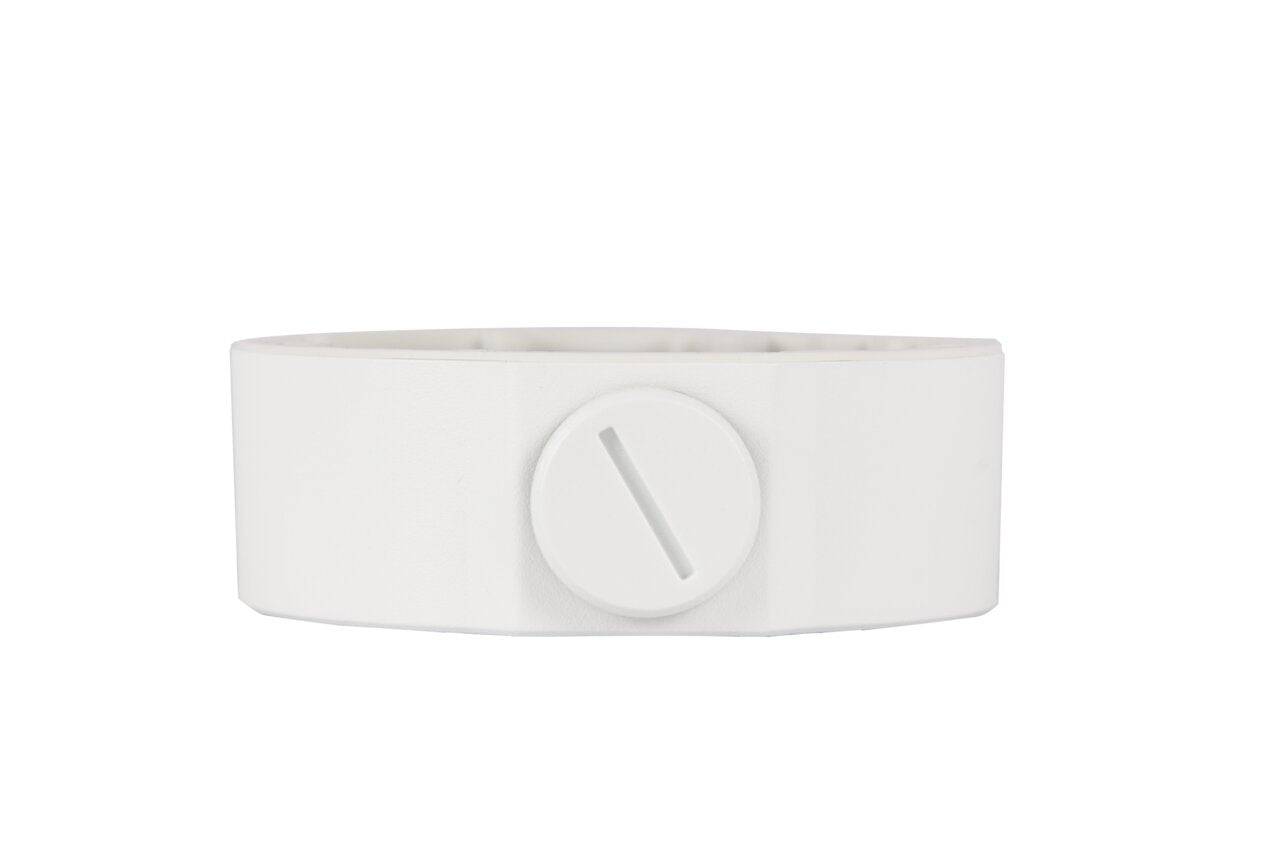 Weißes Silikon-Armband oder -Riemen mit einem runden Druckknopfverschluss in der Mitte, dargestellt vor einem einfachen weißen Hintergrund.