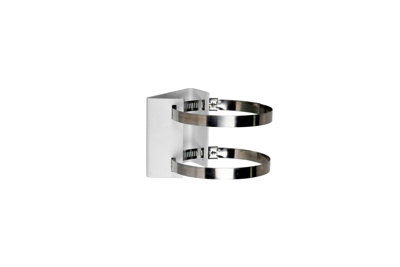 Moderner Wandleuchter aus Chrom mit zwei kreisförmigen LED-Ringlichtern, die auf einer rechteckigen Basis montiert sind.