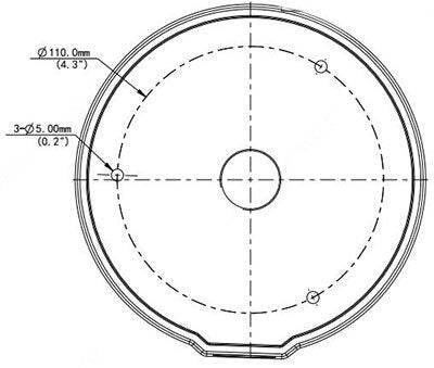 Technische Zeichnung eines kreisförmigen Teils mit einer zentralen Bohrung, drei 5,0 mm Befestigungslöcher auf einem 110,0 mm Durchmesser Lochkreis und einer kleinen Kerbe an der Unterseite.