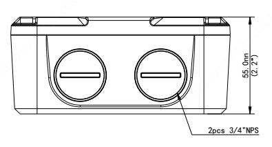 Technische Zeichnung eines rechteckigen Tanks oder Gehäuses mit zwei kreisförmigen Anschlüssen mit der Bezeichnung 