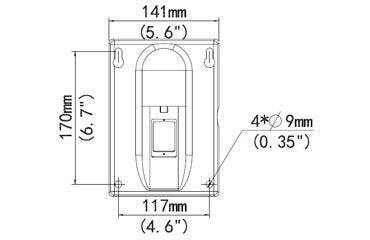 Technische Maßstabszeichnung einer wandmontierten Gerätefront, mit einer Gesamtgröße von 141 mm mal 170 mm, einer Bodenbreite von 117 mm und vier Montagelöchern mit 9 mm Durchmesser.