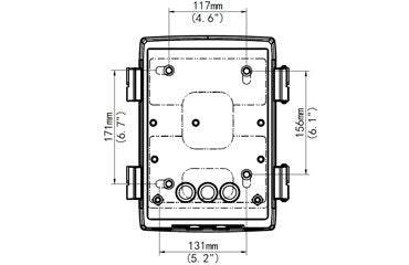 Technische Maßzeichnung eines rechteckigen Gerätgehäuses mit den Angaben 117 mm Breite, 177 mm Höhe, 131 mm Bodenbreite und 156 mm Seitenhöhe.