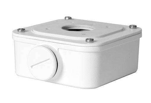 Weiße Kunststoff-Elektroverteilerbox mit rundem seitlichem Konduitanschluss und zentraler oberer Öffnung, gezeigt vor einem einfachen Hintergrund.