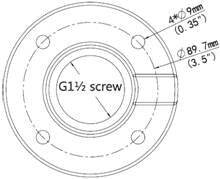 Technisches Schaubild eines kreisförmigen Flansches mit vier Befestigungslöchern und Mittelpunkt mit der Bezeichnung „G1½ Gewinde