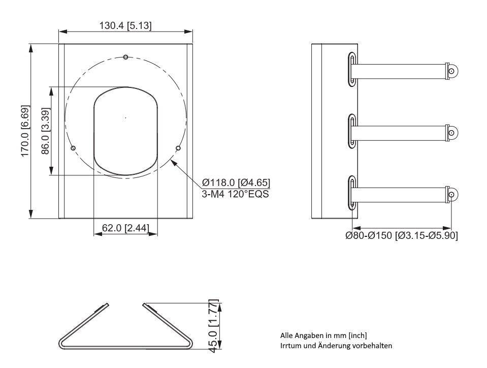 Technische Maßstabzeichnung einer wandmontierten Halterung/Befestigung mit drei horizontalen Armen, zeigend Vorder-, Seiten- und Draufsichten mit Abmessungen in mm und Zoll.