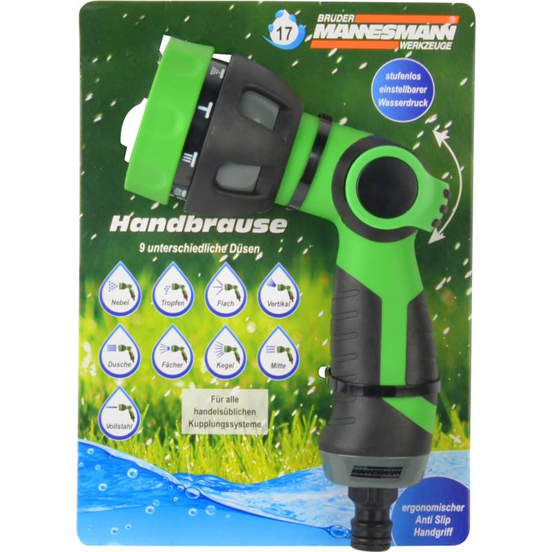 Eine grüne und schwarze Gartenschlauch-Sprühbrause mit 9 einstellbaren Einstellungen auf einer Kartonverpackung mit der Aufschrift 