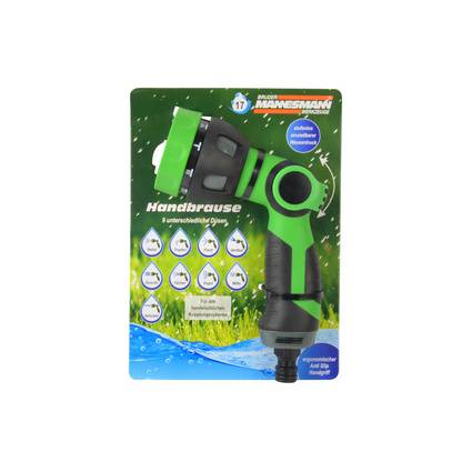 Packung einer grünen verstellbaren Gartensprühdüse mit der Bezeichnung „Handbrause