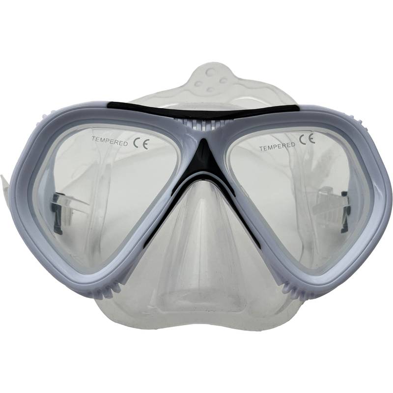 Eine weiße Tauchermaske mit klarem Glas und schwarzem Rand. Die Maske wird von vorne gezeigt und betont ihre Doppelglas-Konstruktion.