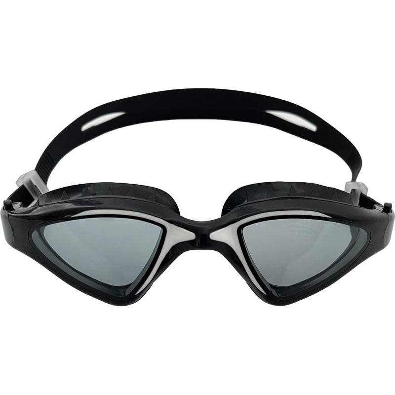 Schwarze Schwimmbrille mit verspiegelten Gläsern und verstellbarem Gurt, entwickelt für Augenschutz bei Wassersportarten.