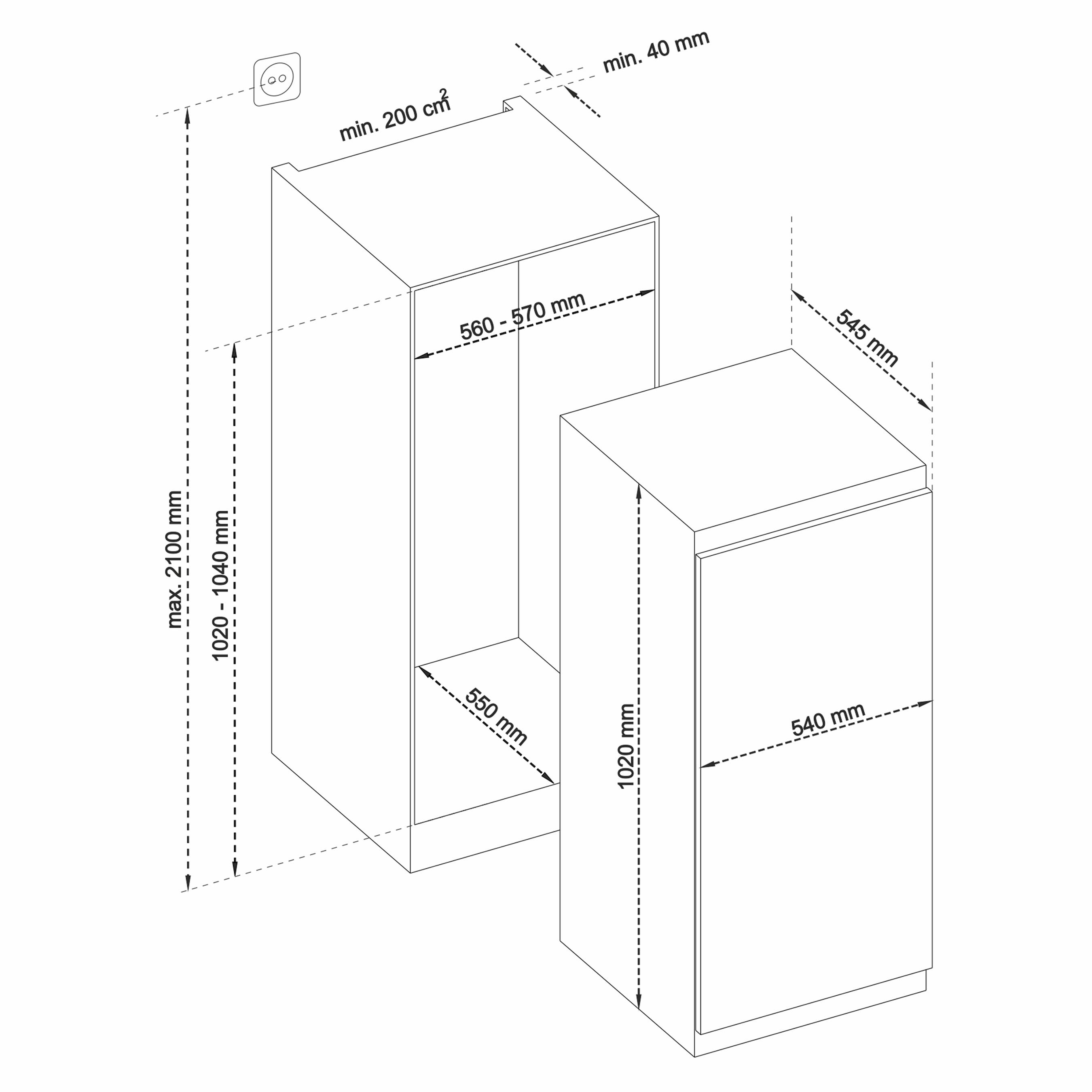 Telefunken EK102S160E Einbaukühlschrank ohne Gefrierfach | 102cm Nische | Schlepptür-Technik | 154 Liter Nutzinhalt