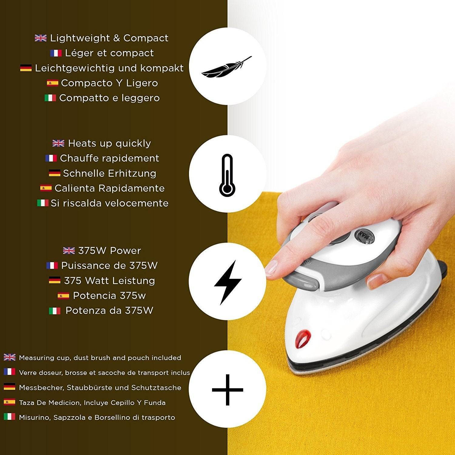 Duronic SI2 WE Reisebügeleisen | 375 W Minibügeleisen | 50 ml Wassertank | inkl Bürste und Beutel | Bügeleisen