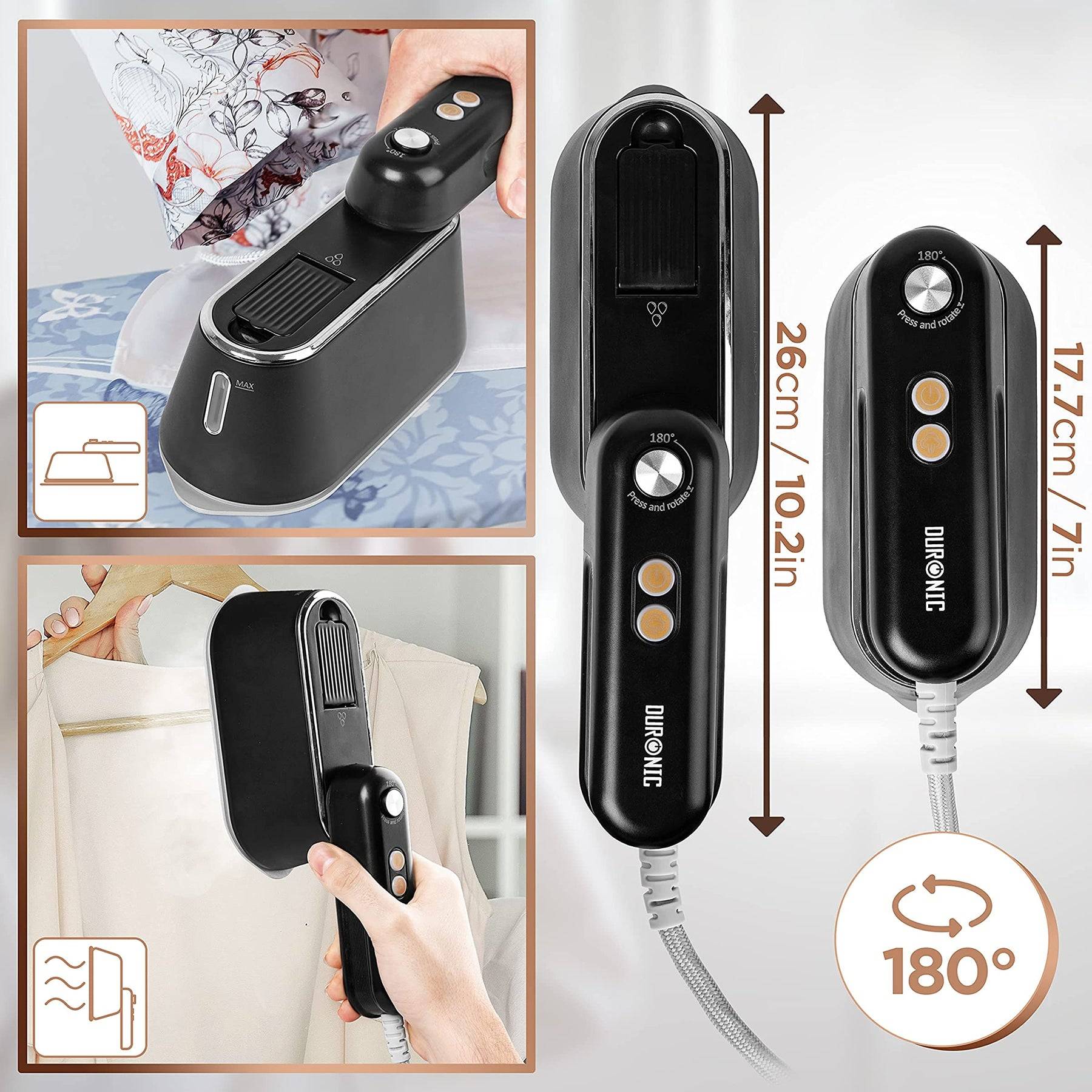 Duronic HS90 BK 2-in-1 Bügeleisen und Dampfglätter | Reisebügeleisen mit 1200 W | 90 ml Wassertank | Faltbarer Griff