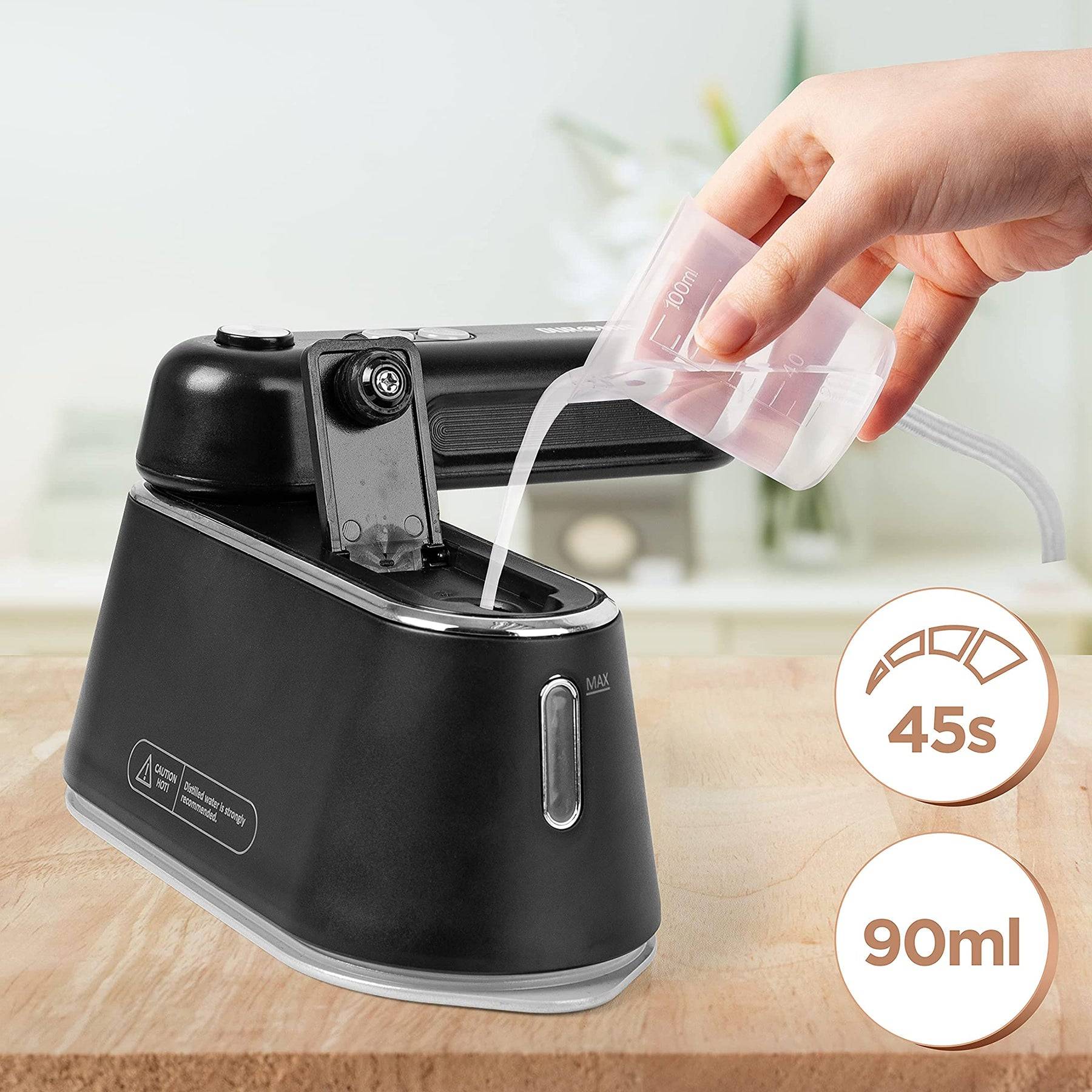 Duronic HS90 BK 2-in-1 Bügeleisen und Dampfglätter | Reisebügeleisen mit 1200 W | 90 ml Wassertank | Faltbarer Griff