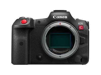 Vorderansicht eines Canon EOS C spiegellosen Kameragehäuses mit entferntem Objektiv, das die Sensorhalterung und Bedienelemente zeigt.