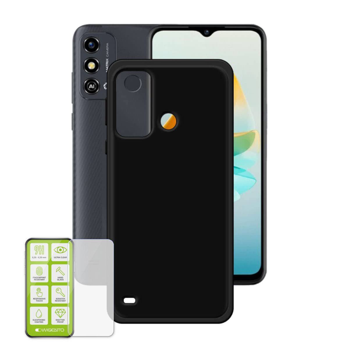 Für ZTE Blade A53 Silikoncase TPU Schwarz + 0,26 H9 Glas Handy Tasche Hülle Schutz Cover