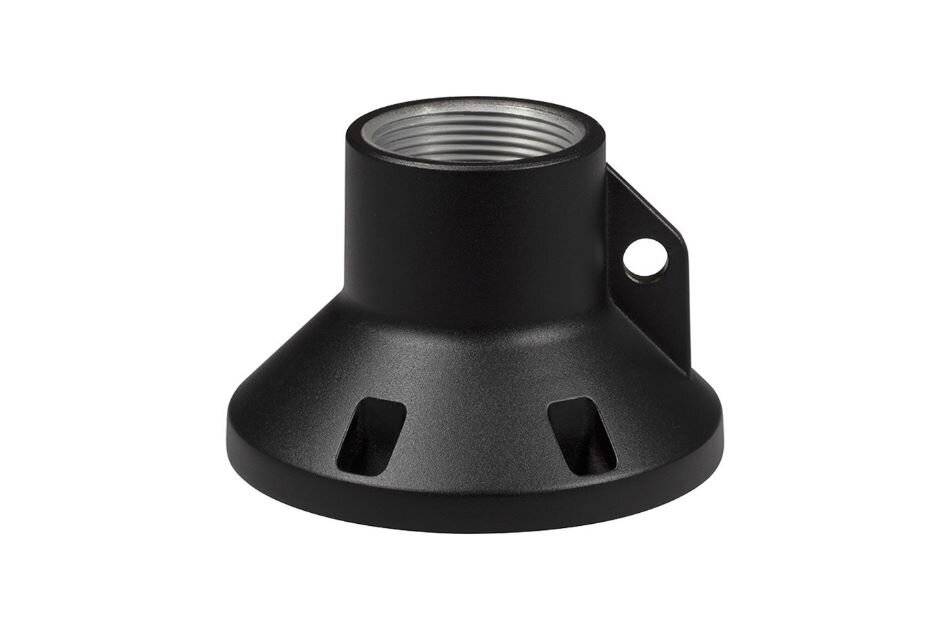 # Schwarzer Metall-Gewindemontageschachtadapter mit vergrößerter Basis und seitlichem Schraubenloch auf weißem Hintergrund