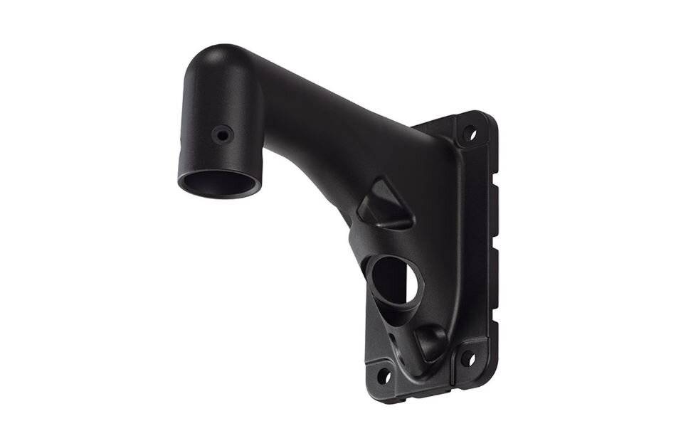 Schwarze Metallwandhalterung mit abgewinkeltem Arm und Befestigungsplatte, dargestellt auf weißem Hintergrund.