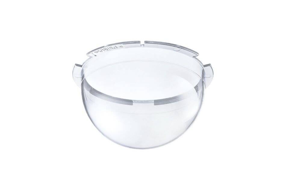 Transparenter Kunststoffbecher oder Deckel-Einsatz mit gerundeter Kuppelform und kleinen Seitenlaschen, isoliert auf weißem Hintergrund dargestellt.