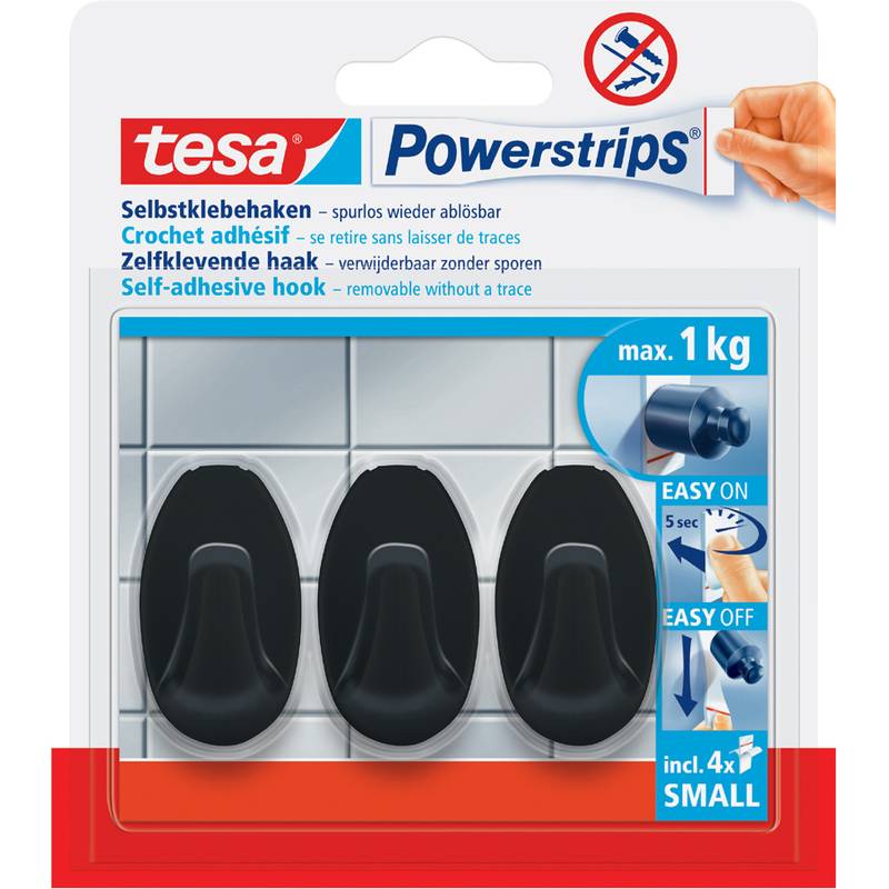 Packung mit tesa Powerstrips selbstklebenden Haken, zeigt drei schwarze Haken, max. 1 kg, einfaches Anbringen und Entfernen, enthält 4 kleine Streifen.