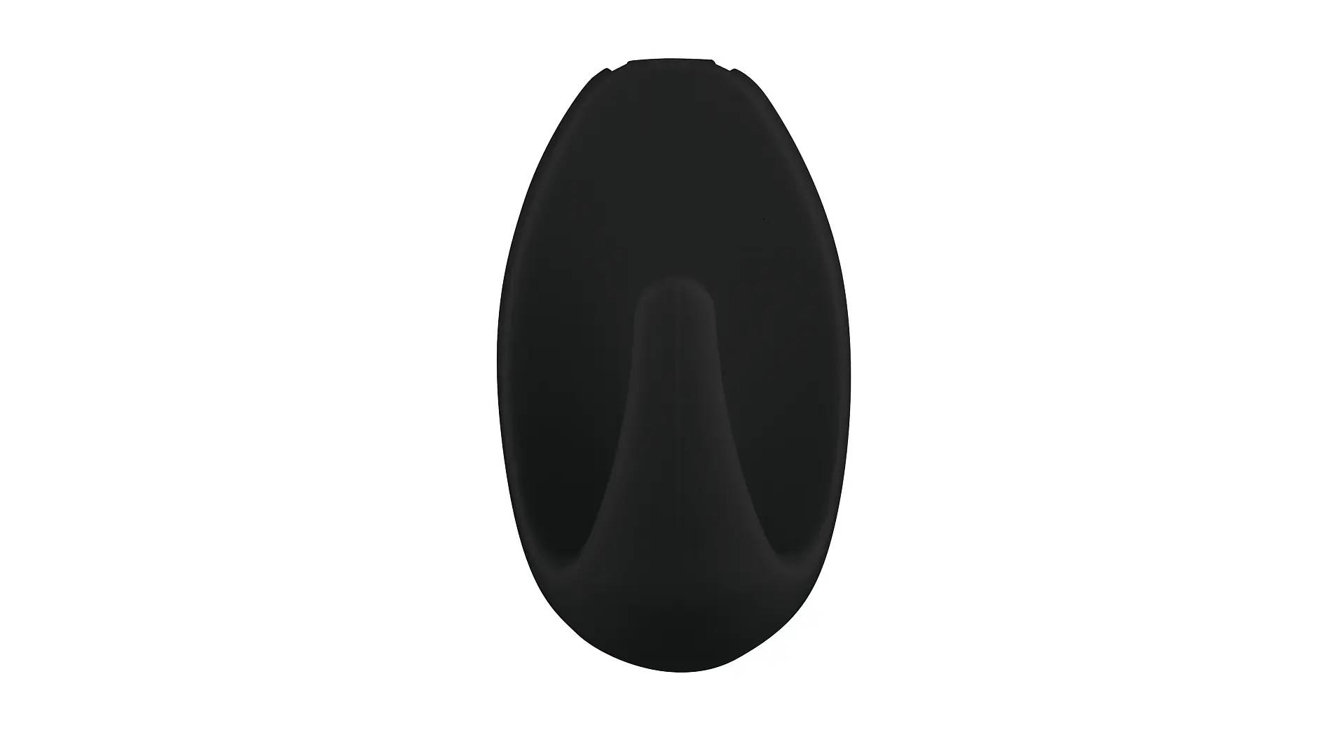 Schwarzes ovales Objekt mit einer glatten, matten Oberfläche auf einem einfachen weißen Hintergrund.