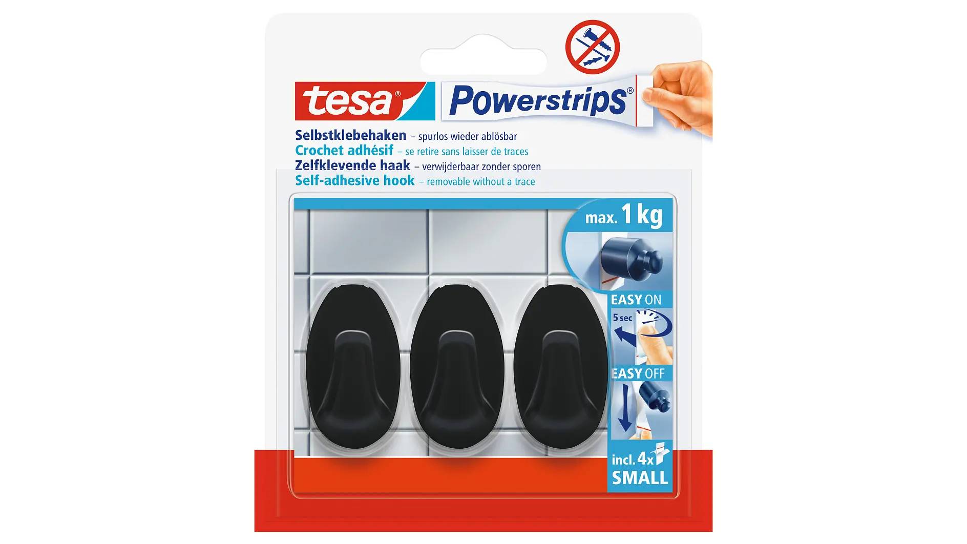Produktpaket für tesa Powerstrips selbstklebende Haken, zeigt drei schwarze Badezimmerhaken, max. 1 kg, einfaches Anbringen und einfaches Entfernen.