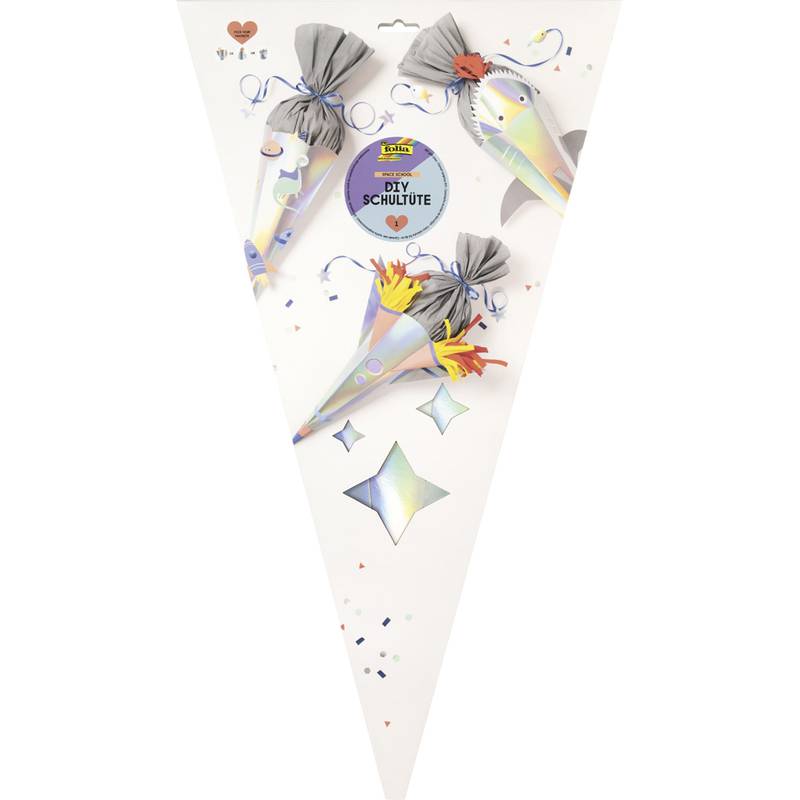 Dreieckiges DIY-Bastelset für Schultüten, mit bunten Papierdekorationen, Schleifen und Sternen. Ideal für Einschulungsfeierlichkeiten.