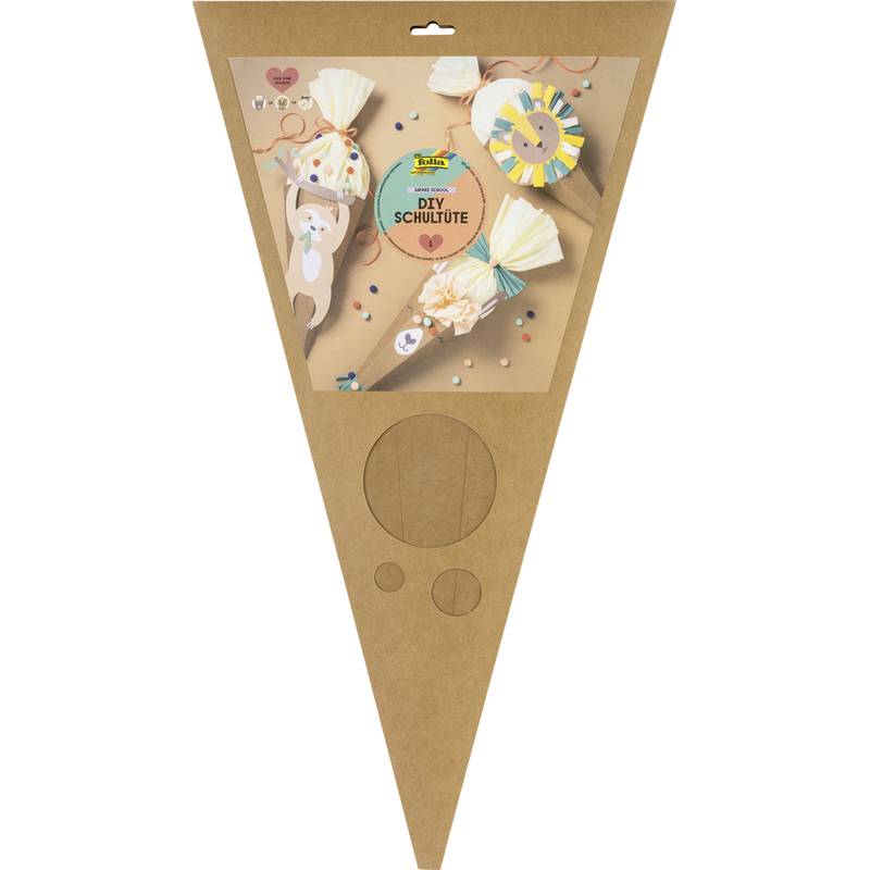 Ein Verpackungsdesign für einen 'Bastel-Schultüte' Set, mit Bildern von bunten, dekorierten Schultüten mit Tiergesichtern und Bastelutensilien auf einem beigen Hintergrund.