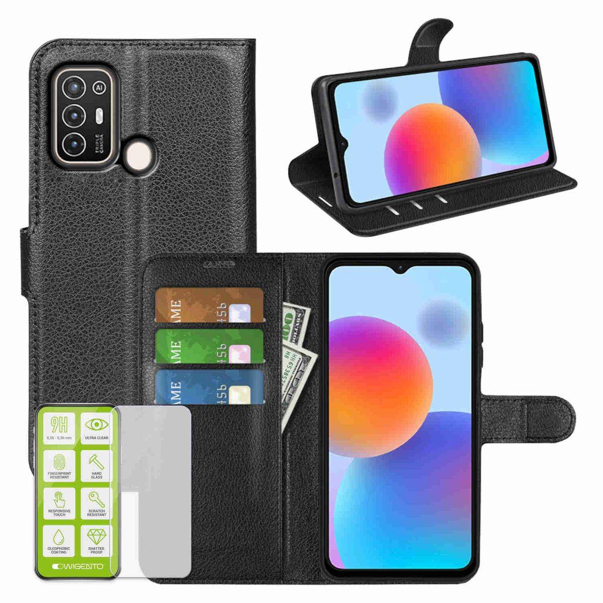 Für ZTE Blade A53 Produktset Handy Tasche Wallet + H9 Hart Glas Schutz Hülle Case Cover Etuis Neu Zubehör Schwarz