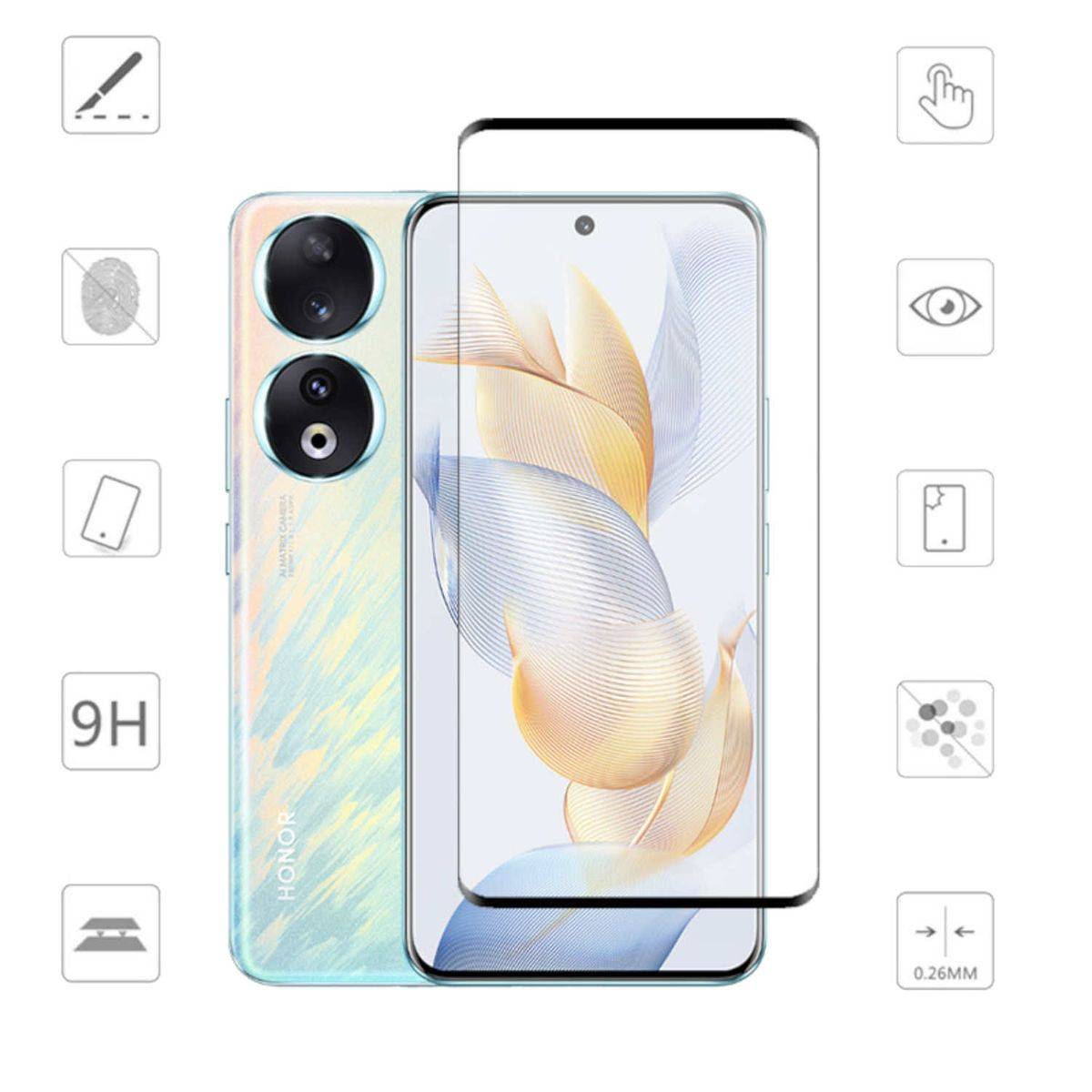 Für Honor 90 4D Premium 0,3 mm H9 Curved Hart Glas Panzer Schwarz Folie Schutz Hülle Neu