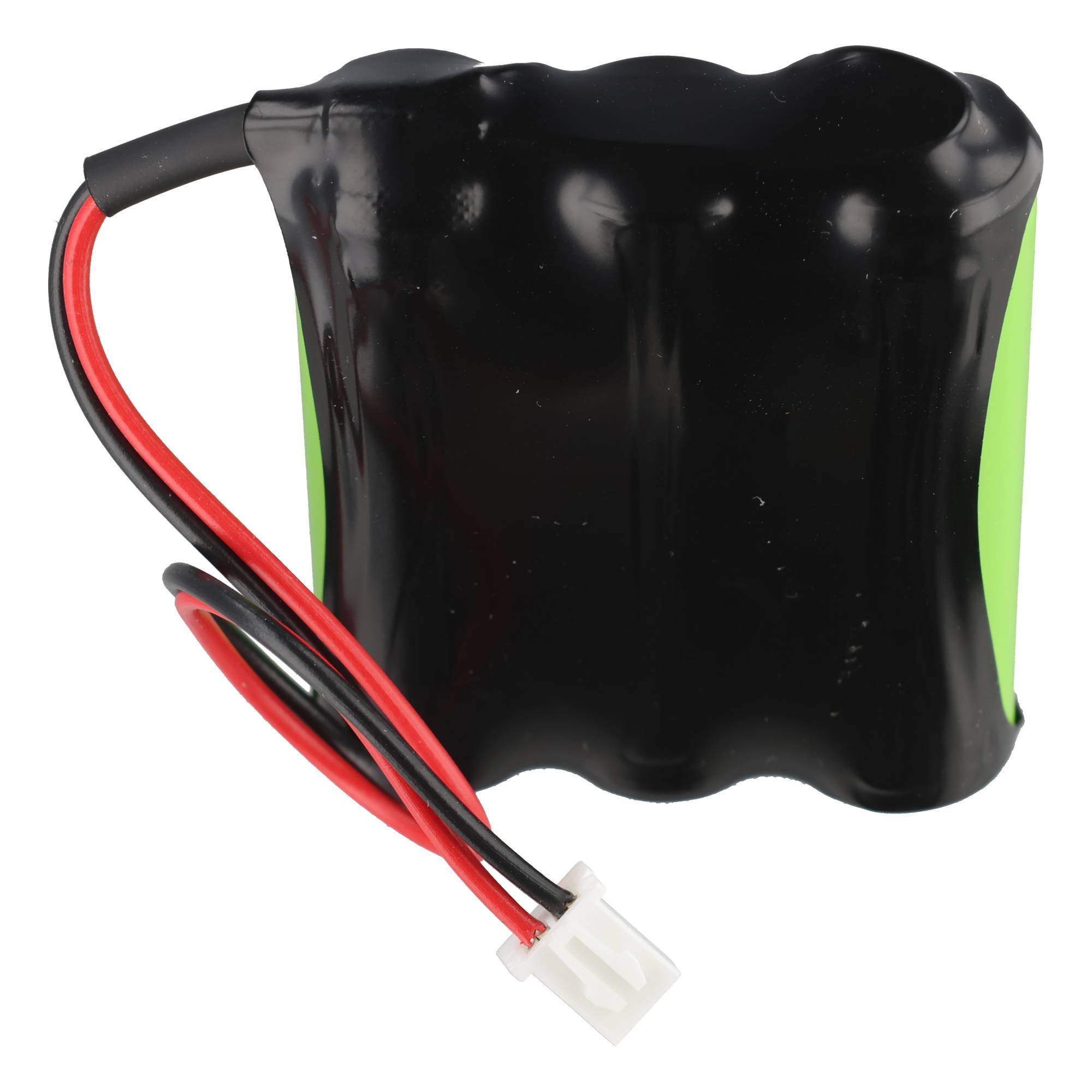 Schwarzes Batteripack mit roten und schwarzen Kabeln und weißem Anschluss, dargestellt auf weißem Hintergrund.