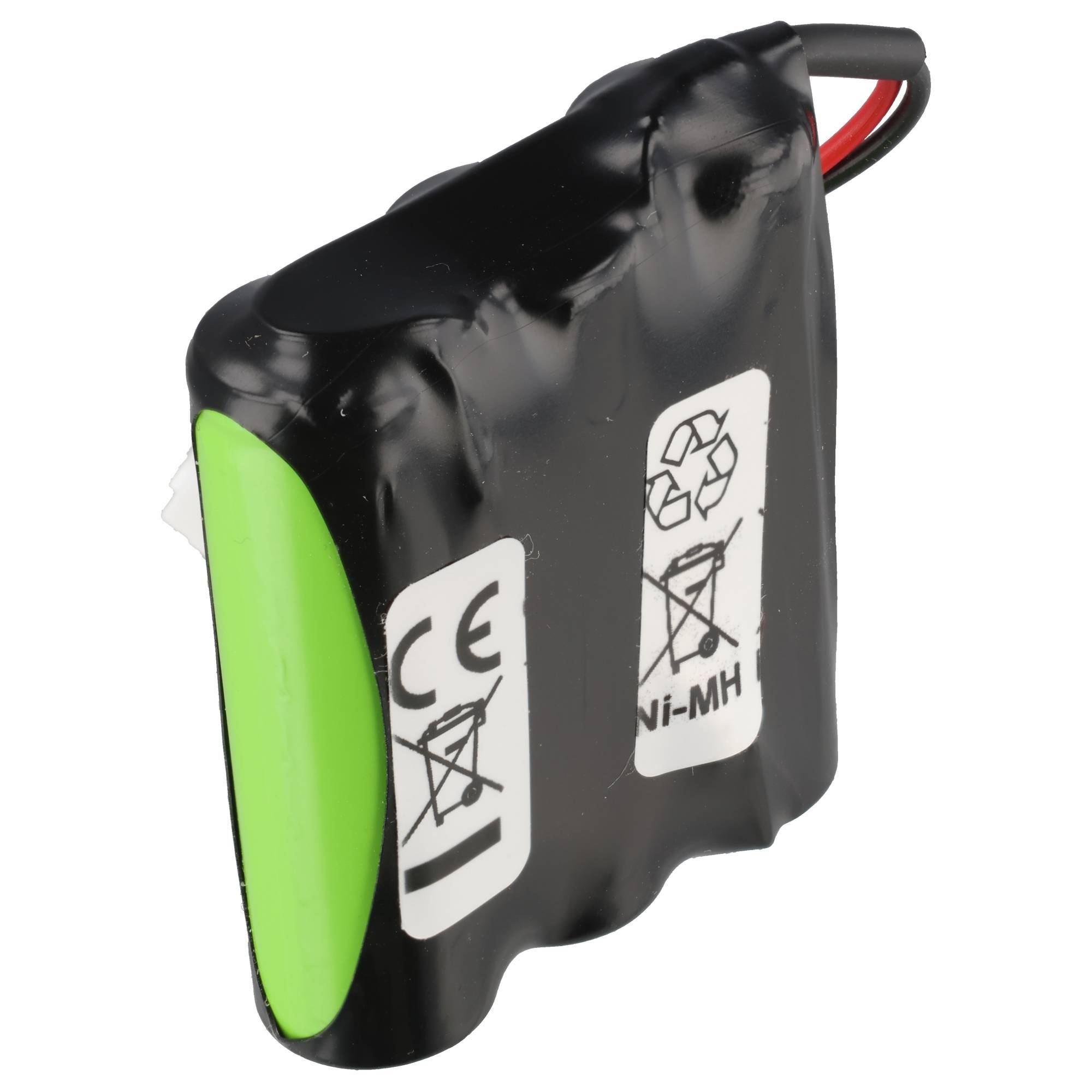 Schwarzes wiederaufladbares Ni-MH-Batteriepack mit grüner Endkappe und roten/schwarzen Anschlussleitungen.