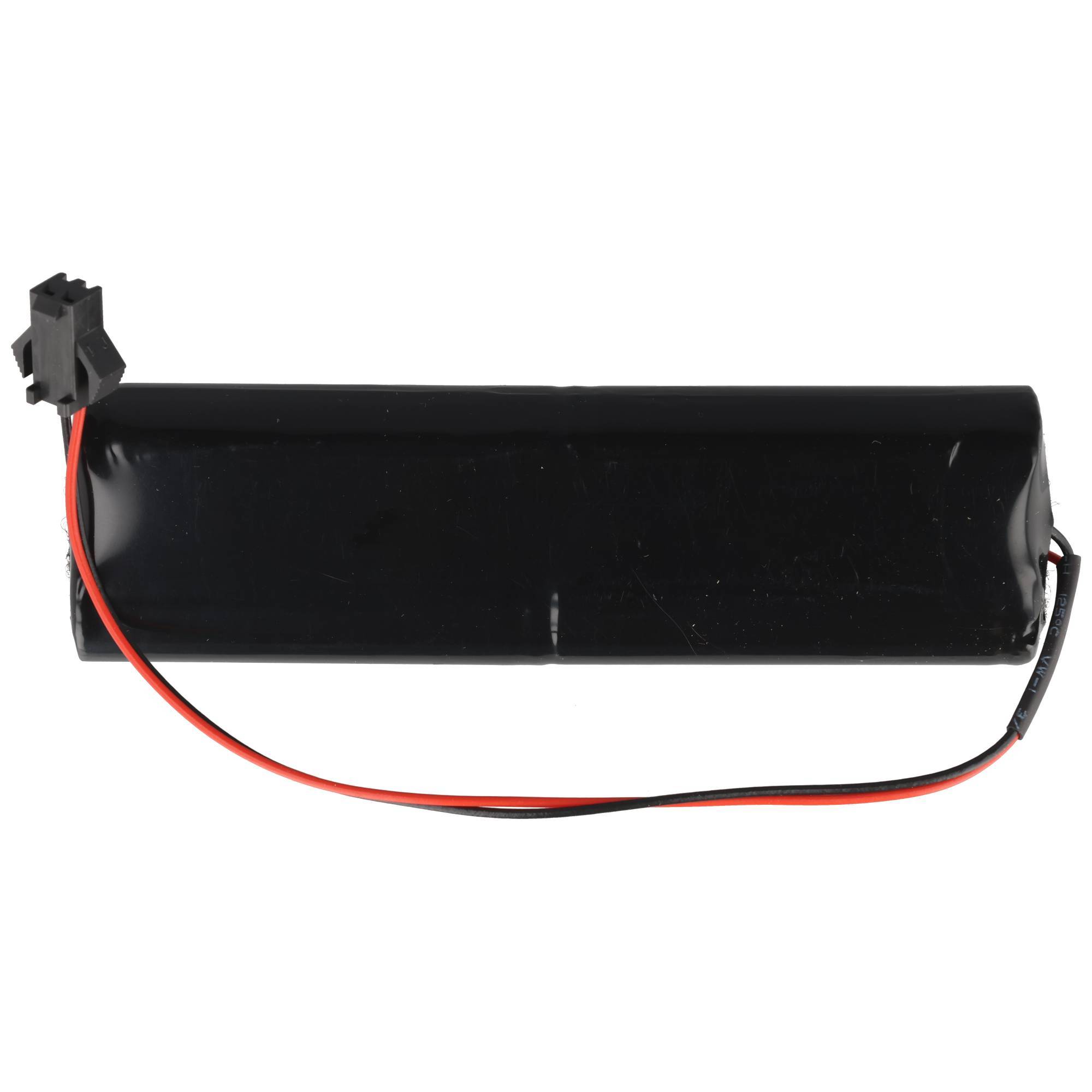 Schwarzes zylindrisches Batteriepack mit roten und schwarzen Drähten und einem Steckverbinder auf weißem Hintergrund.