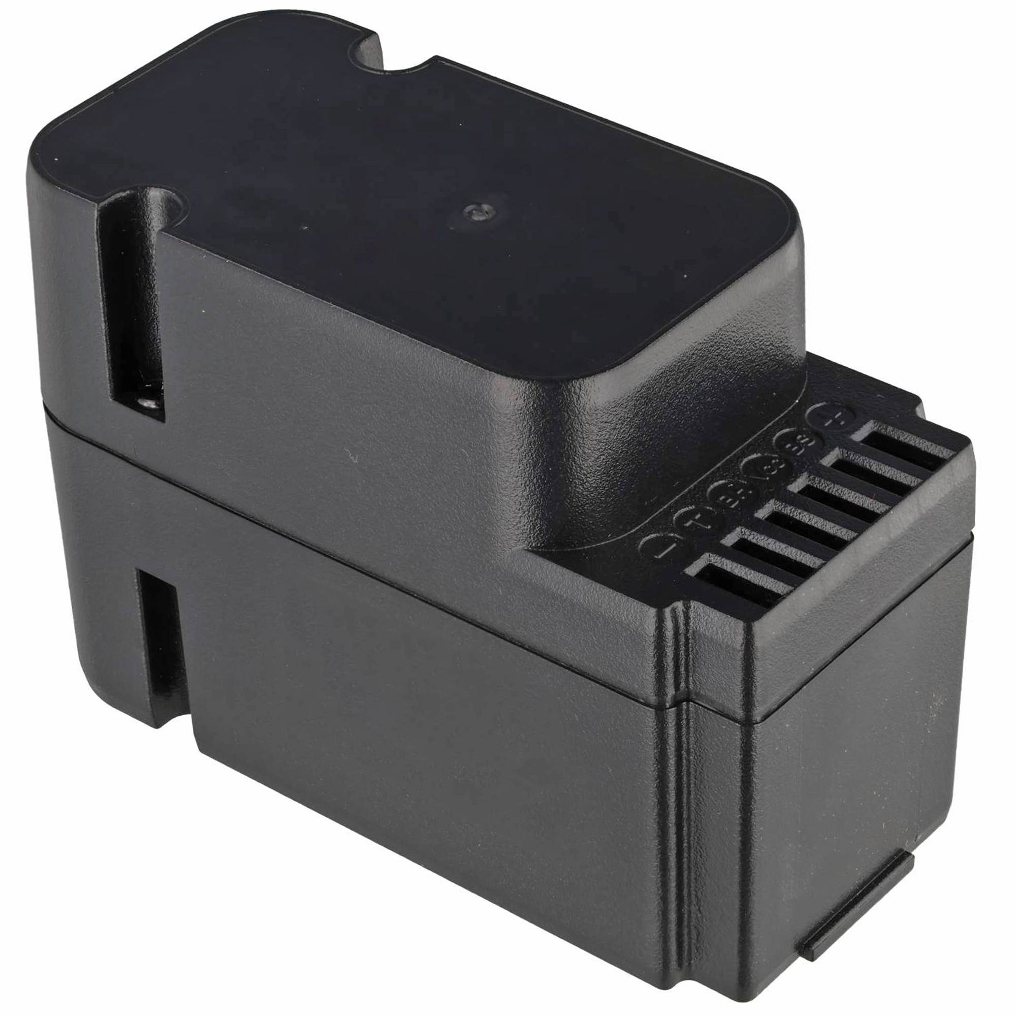 Schwarzer wiederaufladbarer Batteriepack mit rechteckigem Kunststoffgehäuse und Steckerplätzen.